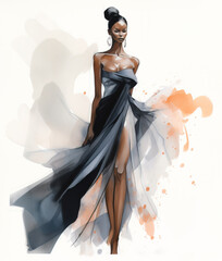 Beautiful fashionable young black woman in haute couture black gown, fashion sketch illustration style
