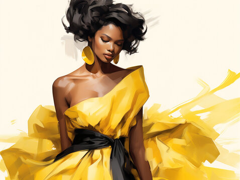 Beautiful fashionable young black woman in yellow haute couture dress, fashion sketch illustration style