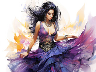 Beautiful and sensual female belly dancer in purple dress, sketch illustration style