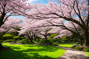 Obraz premium Sakura blossoms in japanese style ornamental garden, beautiful landscape. Generative AI.