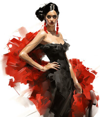 Beautiful fashionable young woman in black and red evening dress, fashion sketch illustration style