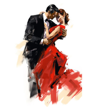 Sensual woman and man dancing tango, sketch illustration style