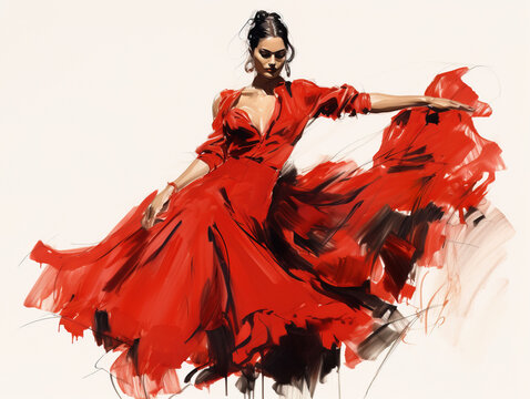 Beautiful and passionate woman in red dress dancing flamenco, sketch illustration style