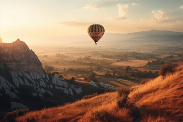 Beautiful inspirational landscape with hot air balloon flying in the sky, travel destination