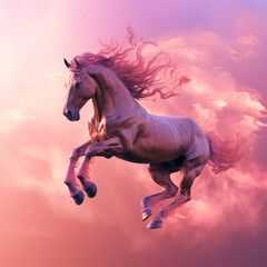 Fototapeta na wymiar A mythical and magical pink horse flying all over a pink colored sky