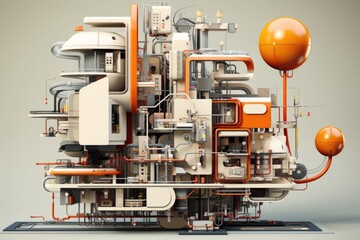 An orange and white building with lots of pipes. Generative AI.