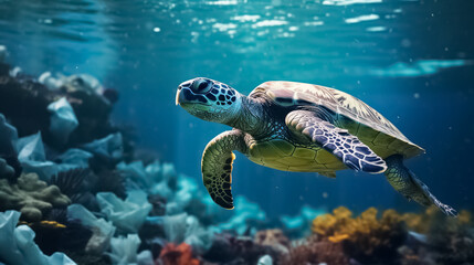 Sea turtles and plastic waste in the ocean. water pollution concept