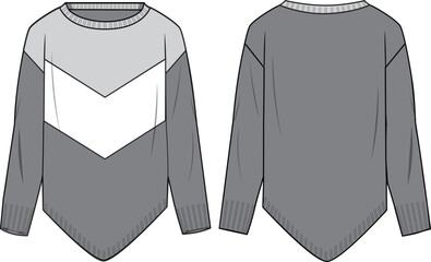 Women's Dippy Hem Chevron Colour-block Sweater- Technical fashion illustration. Front and back, grey color. Women's CAD mock-up. - obrazy, fototapety, plakaty