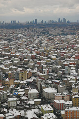 top view of Snowfall on buildings in istanbul city 