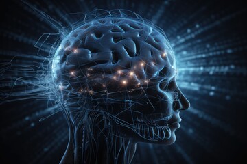 the brain, head with code, brain development, brain system, and nerve cell research
