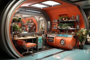 Naklejka premium A futuristic kitchen with orange walls and a blue floor. Generative AI.