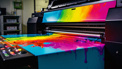 Modern printing press mixing multi colored ink with laser technology indoors generated by AI