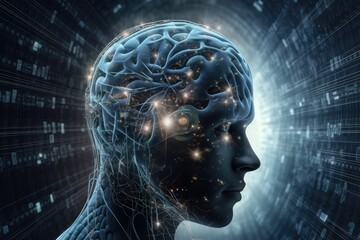 Obraz premium head with binary code, Neurotransmission, EEG, fMRI, PET, and other neuroimaging techniques in research, head of mind