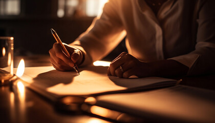 One person working indoors, holding pen, concentrating on document generated by AI