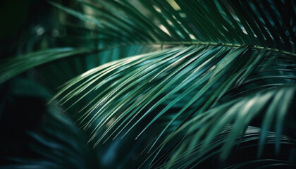 Fresh green palm frond in abstract pattern, tropical vacation backdrop generated by AI