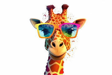 Cartoon colorful giraffe with sunglasses on white background. 