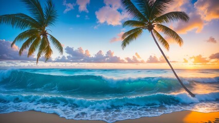 Fototapeta na wymiar Photo of two palm trees on a sandy beach under a clear blue sky