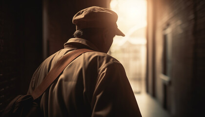 Solitary businessman walks city streets, seeking elegance in architecture generated by AI