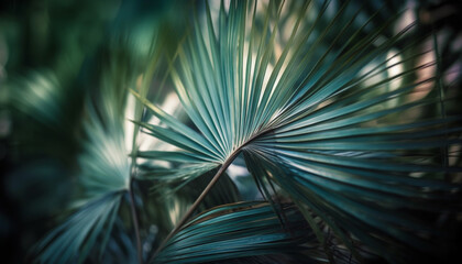 Obraz premium Vibrant tropical foliage in abstract pattern against bright blue backdrop generated by AI