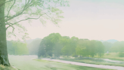 Fototapeta premium 水彩で描いた公園の風景イラスト Generative AI
