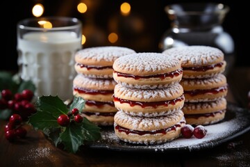 A plate of cookies and a glass of milk. Generative AI.