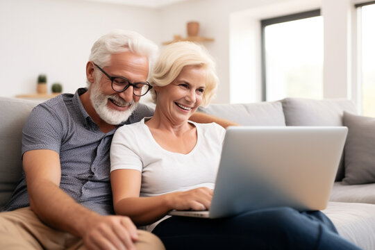 Happy mature couple using laptop on sofa. High quality photo