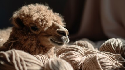A cute little camel is lying next to the balls of wool. Organic, eco-friendly fabric production.Ai generated