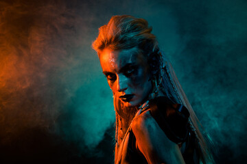 Portrait of viking shield maiden girl fearless angry glance blue orange lights mist isolated on...