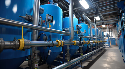 A row of blue tanks in a building. Generative AI. Industrial boiler room and water factory.