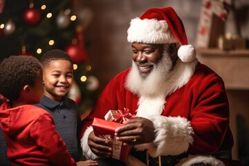 Santa Claus giving Christmas gift to children