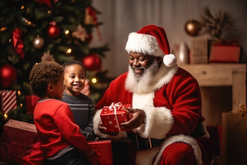 Santa Claus giving Christmas gift to children