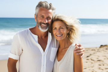 Happy mature couple on a sandy beach coast. High quality photo