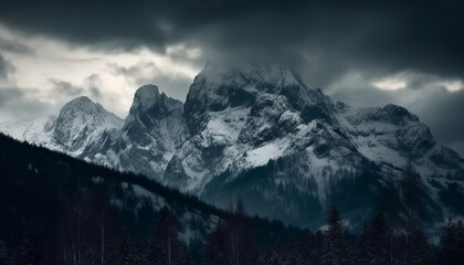 Majestic mountain range, panoramic winter landscape, tranquil wilderness adventure generated by AI