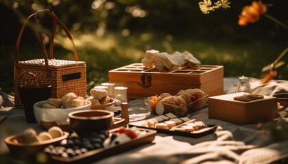 Rustic picnic table set with homemade sweet snacks and fruit generated by AI