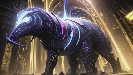 digital illustration of a horse in a fantasy city, 3 d illustration