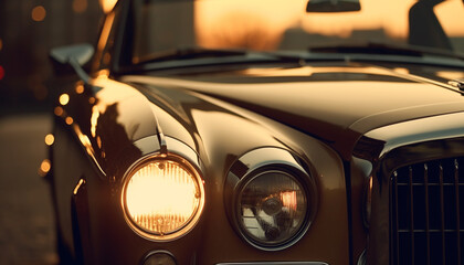 Vintage car chrome grille shines in the sunset golden light generated by AI