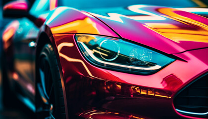 Shiny sports car with modern design and elegant curves illuminated at night generated by AI