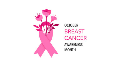 Breast Cancer Awareness Month. Concept design with pink ribbon and flowers 
