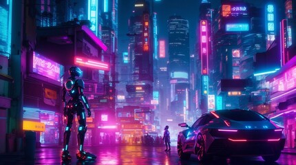 An AI-powered robot standing in a futuristic cityscape, illuminated by neon lights
