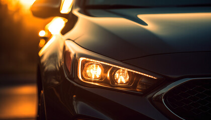 Fototapeta na wymiar Luxury sports car driving through city at dusk, illuminated headlights generated by AI