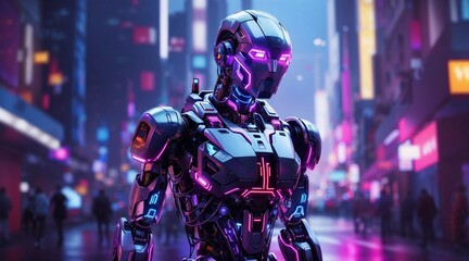 An AI-powered robot standing in a futuristic cityscape, illuminated by neon lights