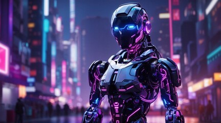 An AI-powered robot standing in a futuristic cityscape, illuminated by neon lights