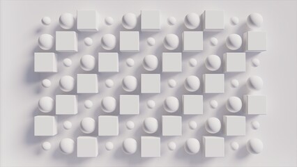 3d illustration of gray cubes and circles on wall, use for textures and image background