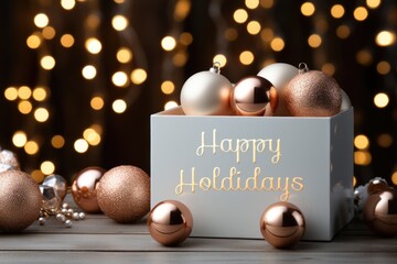 A box with christmas ornaments and a happy holiday message. Generative AI.