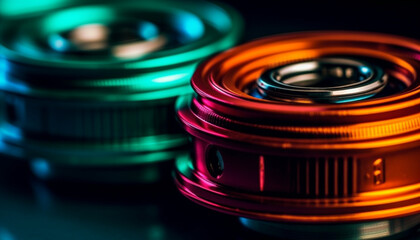 Fototapeta na wymiar Antique camera lens captures abstract reflection on shiny metal circle generated by AI