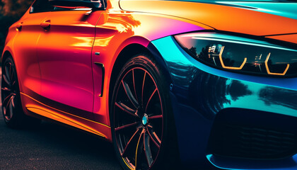 Obraz na płótnie Canvas Shiny blue sports car with alloy wheels and powerful engine generated by AI