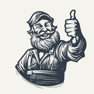 Bearded man approves showing thumb up. Vintage woodcut engraving style vector illustration.
