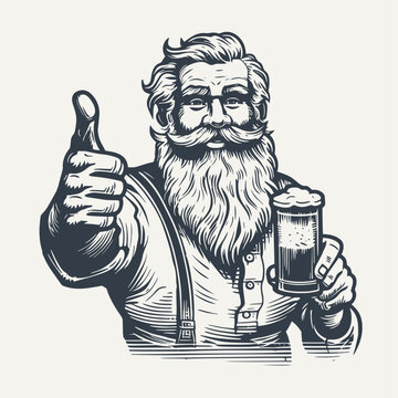 Man holding glass of drink approves showing thumb up. Vintage woodcut engraving style vector illustration.
