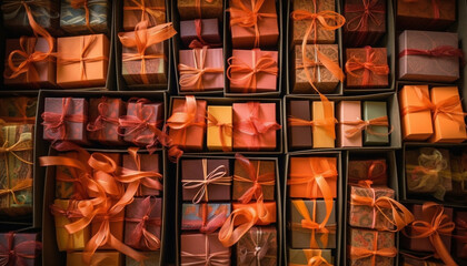 Large stack of multi colored gift boxes wrapped in shiny paper generated by AI