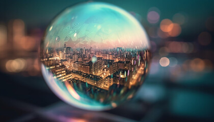 Modern city skyline glows bright at dusk, reflecting in water generated by AI